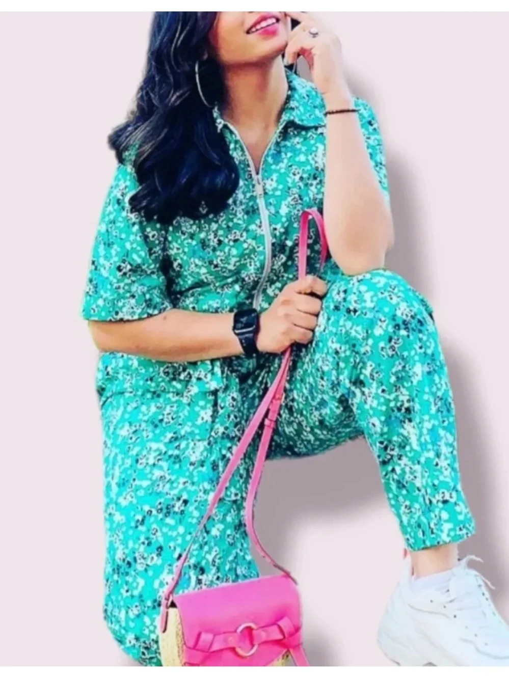 Zara floral printed jumpsuit zip up cotton size large 🆕